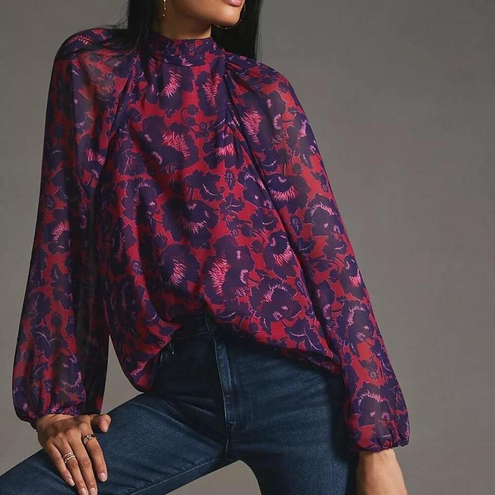 Anthropologie Maeve red and purple floral blouse with puff sleeves Size XXS
